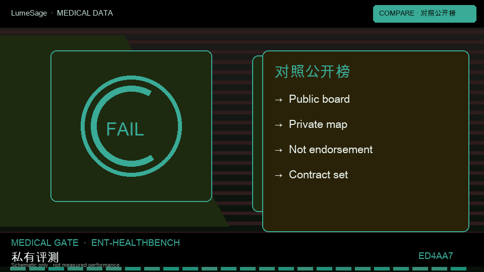HealthBench Hard｜公开对照与私有门禁对比：从公开评测到 GB-Clin 可合同门禁