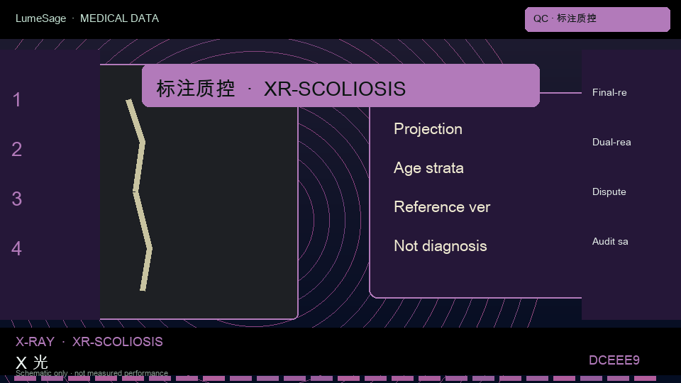 X光 · 脊柱侧弯专科规格包：标签写清类别边界、双读比例、分歧分母，以及医师终审由谁完成